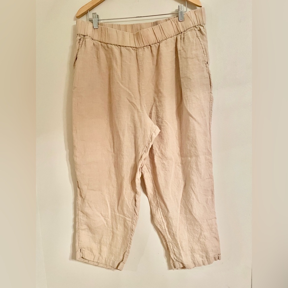 Haven Well Within Women’s XXL Beige 100% Linen Cropped Pants Pull On Pockets-EUC
